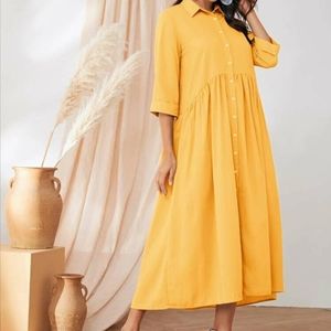 Yellow flary button down modest casual collared oversized summer midi maxi dress